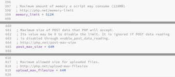 Diese drei Einstellungen musst du in der php.ini ändern: memory_limit, post_max_size und upload_max_filesize