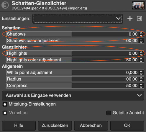 GIMP: Schatten und Glanzlichter einstellen