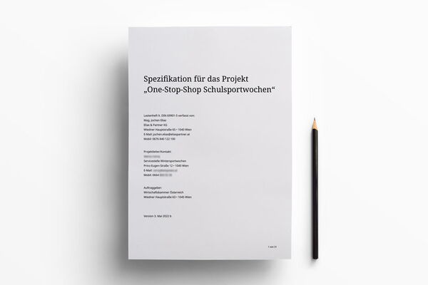 Titelseite der Spezifikation für die neue Website