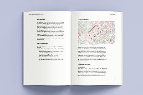 Editorial Design: Doppelseite der Sozialraumanalyse mit einer Infografik