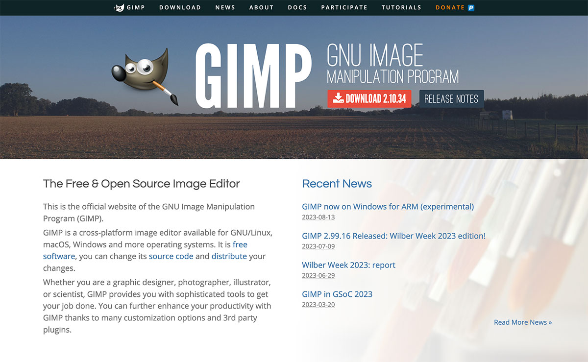 Screenshot der Website gimp.org